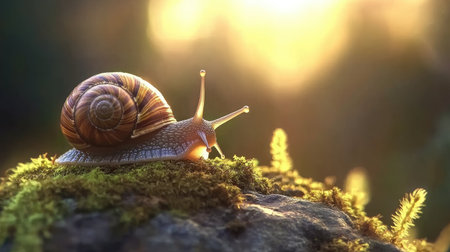 A beautiful close-up of a snail leisurely moving over a mossy rock, illuminated by soft natural sunlight, showcasing intricate details of its shell and tranquil environment.の素材