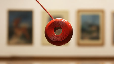 A striking red thread spool hangs in a gallery, its vibrant color contrasting beautifully with the softly blurred artworks behind, highlighting the harmony of craftsmanship and artistry.の素材