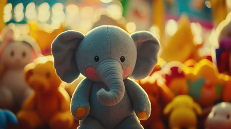 A charming blue elephant plush toy sits prominently among a collection of colorful stuffed animals, creating a delightful, cozy atmosphere perfect for any childrenの素材