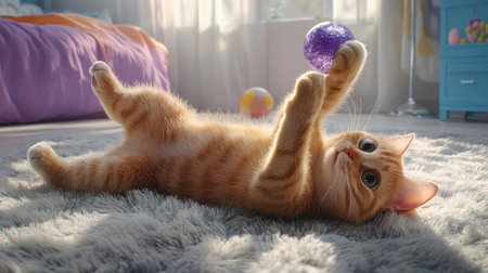 A cute ginger cat lies on a soft rug, playfully reaching for a colorful ball. The bright room and warm light enhance the joyful spirit of this whimsical feline friend.の素材