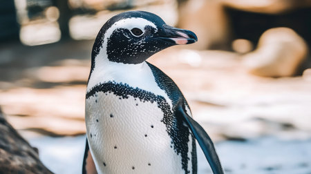 This captivating close-up image features an African penguin showcasing its elegant profile and striking feather patterns, set against a serene natural backdrop.の素材