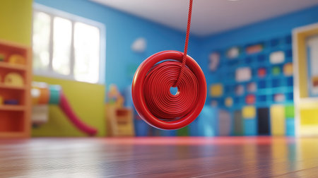 A vivid red coil hangs in a playful playroom filled with colorful furniture and blue walls, creating an engaging environment for childrenの素材