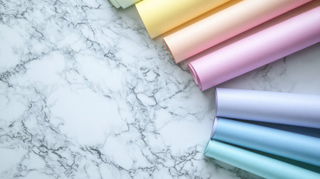 A vibrant display of pastel rolled paper sheets elegantly arranged on a marble surface, perfect for creative projects, artistic backgrounds, and innovative designs.の素材