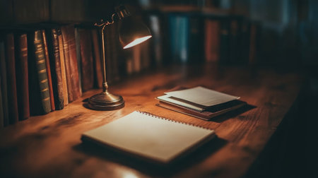 A serene workspace featuring a desk lamp casting a warm glow on blank notebooks, surrounded by shelves filled with books, creating an inviting atmosphere for creativity and reflection.の素材