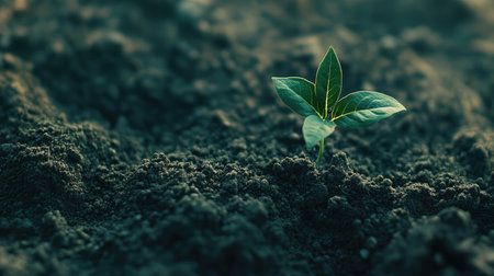 A small green plant sprouts from rich, dark soil, symbolizing growth and renewal in nature. This close-up image captures the beauty of life's delicate beginnings.の素材