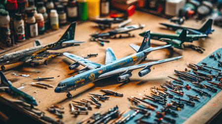 This image captures a vibrant workshop scene featuring various scale model airplanes on a workbench, highlighting the intricate tools and materials used in precise aviation modeling craft.の素材