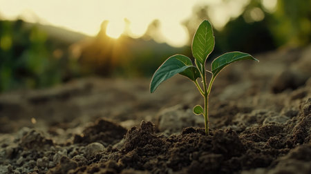 A vibrant young plant emerges from the soil at sunrise, capturing the essence of growth and sustainability against a serene natural backdrop.の素材
