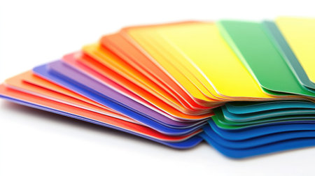 A vibrant display of colorful blank cards in a fanned arrangement on a clean white background, perfect for various creative, educational, and organizational projects.の素材
