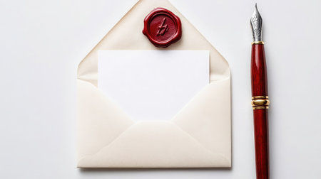 Discover a beautifully arranged stationery scene featuring an elegant envelope with a wax seal, a blank card, and a stunning fountain pen, ideal for personal or professional writing.の素材