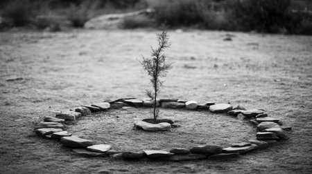 A striking black-and-white depiction of a single tree surrounded by a circle of stones, embodying strength and the essence of nature in a simple yet profound composition.の素材