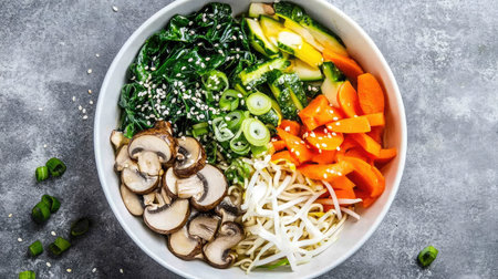 Bright and vibrant vegetable noodle bowl featuring fresh mushrooms, spinach, carrots, and green onions, topped with sesame seeds for a nutritious meal. Perfect for healthy living!の素材