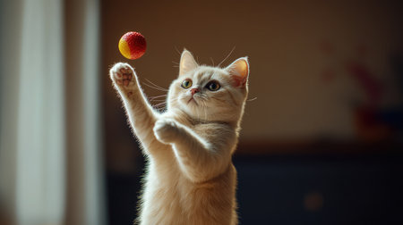 A charming cat reaches for a vibrant toy ball in a tranquil indoor space, showcasing the playful nature and delightful personality of this beloved pet in soft, warm light.の素材