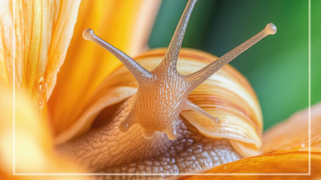A stunning close-up image showcasing a snail extending its tentacles among the vibrant orange petals of a flower, highlighting the intricate details of its anatomy and beauty of nature.の素材