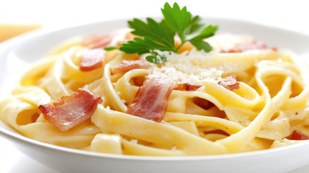 A tempting plate of creamy fettuccine pasta topped with crispy bacon and fresh parsley, perfect for any meal or special occasion, showcasing Italian culinary delight.の素材