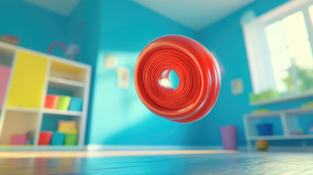A vibrant image of a floating red yo-yo in a colorful room, showcasing a playful and imaginative atmosphere, perfect for creative projects and childrenの素材