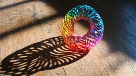 A vibrant spiral toy sits on a wooden surface, creating a captivating display of color and shadow. Ideal for themes of playfulness and childhood creativity.の素材