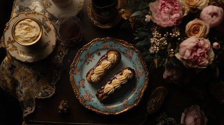 Indulge in a delightful scene featuring creamy pastries, a vintage table setting, and fresh flowers, creating an inviting atmosphere for tea time or gatherings.の素材