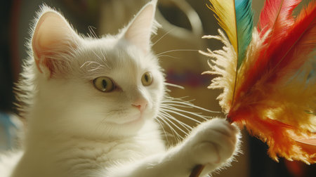 A charming white cat captivates attention as it interacts with a colorful feather toy, showcasing its playful spirit in a warm and inviting indoor setting.の素材