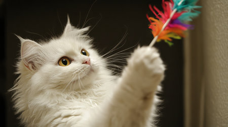 A cute white cat interacts with a colorful feather toy, showcasing its playful nature and curiosity in an indoor setting. Perfect for capturing pet joy moments.の素材