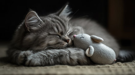 This enchanting image captures a gray kitten peacefully sleeping next to a plush toy mouse, highlighting the warmth and bond shared between pets in a serene indoor environment.の素材