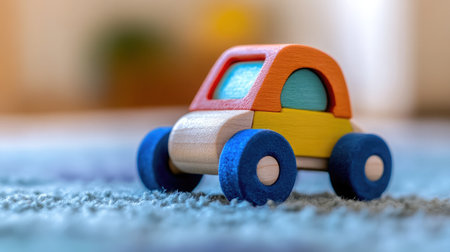 This charming image features a colorful wooden toy car placed on a soft carpet, ideal for representing children's playtime and inspiring educational themes in stock photography.の素材
