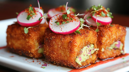 A stunning presentation of crispy appetizers featuring creamy avocado filling, garnished with vibrant radishes and fresh microgreens, perfect for culinary enthusiasts.の素材