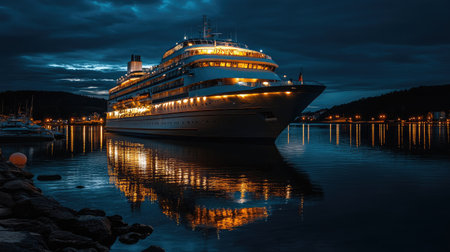Stunning nighttime view of a large cruise ship surrounded by tranquil waters, showcasing vibrant lights reflecting on the surface under a darkening sky.の素材