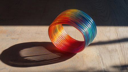A vibrant slinky toy sits on a wooden surface, reflecting sunlight and casting intricate shadows, evoking nostalgia and playful creativity in a colorful arrangement.の素材