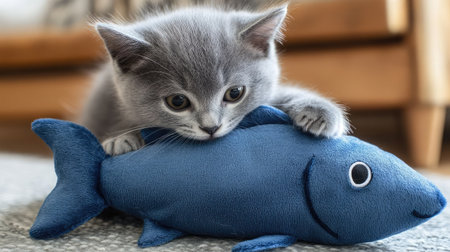 A charming gray kitten engages with a soft blue fish toy, showcasing playful behavior in a cozy living room, perfectly capturing a joyful moment of feline companionship.の素材