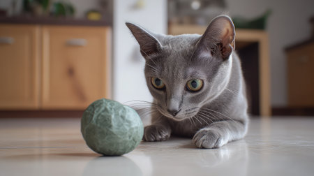A charming gray cat captures attention as it curiously observes a green ball on a wooden floor, bringing warmth and playfulness to a cozy indoor atmosphere.の素材