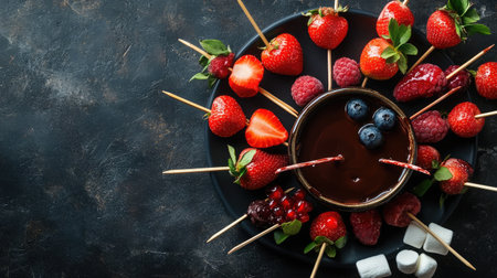 Savor the delightful experience of rich chocolate fondue paired with vibrant strawberries and marshmallows, perfect for sharing during gatherings or celebrations.の素材