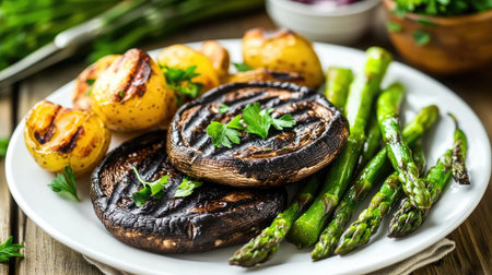 Relish a plate of grilled portobello mushrooms, tender asparagus, and roasted potatoes; a perfect healthy meal highlighting fresh summer flavors and vibrant ingredients.の素材
