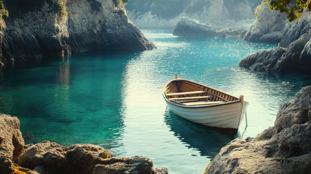 A picturesque scene of a small rowboat anchored in clear turquoise waters, surrounded by rocky shores, providing a perfect escape into nature's tranquility and beauty.の素材