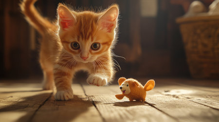 A cute ginger kitten is playfully approaching a small toy, set against a rustic wooden floor bathed in warm natural light, capturing a moment of feline curiosity and joy.の素材