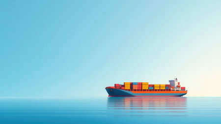 A vibrant cargo ship floats serenely on calm waters, surrounded by a clear blue sky, emphasizing the beauty of maritime trade and global logistics solutions.の素材