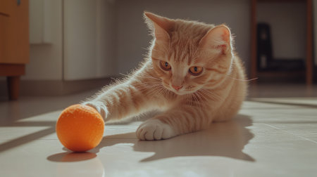 A charming orange tabby cat playfully interacts with a bright orange ball on a sunlit floor, showcasing its playful spirit and adorable features in a warm indoor environment.の素材