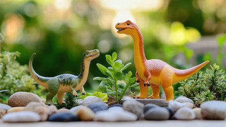 Two vibrant toy dinosaurs interact in a serene outdoor environment, surrounded by small stones and green plants, showcasing playful imagination and adventure for children.の素材
