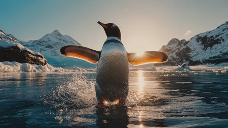 A beautiful penguin stands in shimmering water with wings outstretched, illuminated by a stunning sunset against a backdrop of snowy mountains, showcasing the elegance of wildlife.の素材