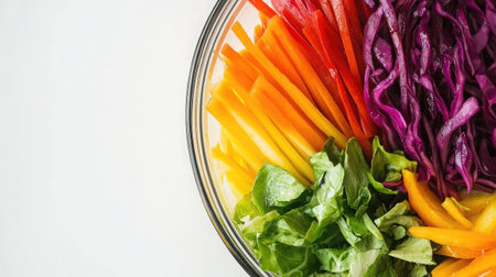 A stunning display of fresh, colorful vegetables arranged in a bowl, perfect for salads and healthy meals, showcasing red cabbage, peppers, lettuce, and more.の素材