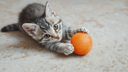 An adorable gray tabby kitten playfully interacts with a bright orange ball on a soft beige surface, embodying joy and the playful spirit of furry companions in a cozy environment.の素材