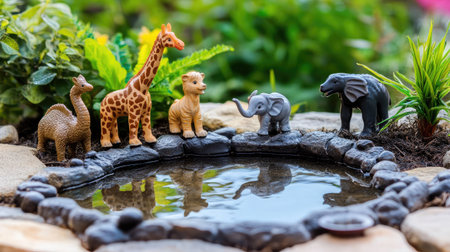 A vibrant scene featuring colorful plastic animal figurines by a small pond, surrounded by lush greenery, perfect for creative play or as an educational display in various settings.の素材
