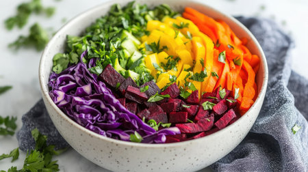 A vibrant and fresh vegetable salad bowl featuring layers of colorful ingredients including red cabbage, yellow bell pepper, orange carrot, and purple beetroot.の素材