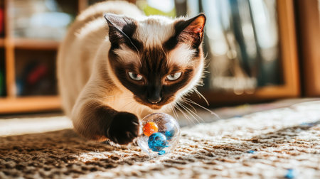 A curious Siamese cat engages playfully with a vibrant toy in a sunlit living room, capturing the essence of feline curiosity and joyful moments in a cozy environment.の素材