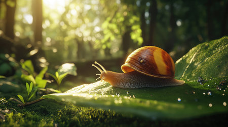 A vibrant snail rests gracefully on a leaf, illuminated by soft sunlight filtering through a lush forest, creating a serene and peaceful atmosphere.の素材