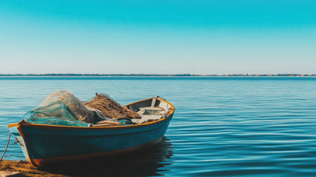 A serene view of a colorful boat anchored peacefully on calm waters, surrounded by a bright blue sky, showcasing fishing nets and a tranquil natural atmosphere.の素材