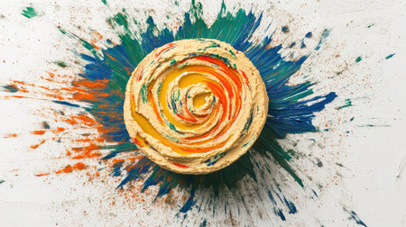 A stunning top view of a colorful creamy dip swirled artistically and surrounded by vibrant paint splashes, ideal for showcasing creativity in food styling and photography.の素材