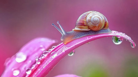 A captivating close-up of a colorful snail perched on a pink leaf adorned with water droplets, highlighting the delicate beauty of nature in a tranquil garden scene.の素材
