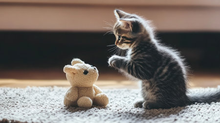 A playful kitten engages with a soft teddy bear, capturing a charming moment of innocence and joy in a cozy living room setting, perfect for animal lovers.の素材