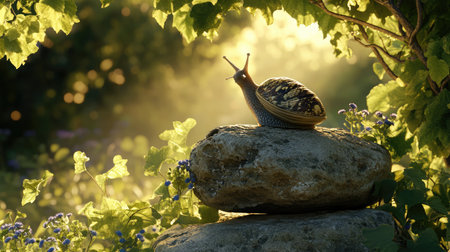 A tranquil scene featuring a snail on a stone, surrounded by vibrant green foliage and gentle sunlight, creating a serene atmosphere perfect for nature lovers.の素材