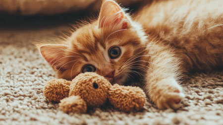 A charming orange kitten lies on a soft carpet, curiously engaging with a tiny plush toy, embodying the innocence and playful nature of young pets in a cozy home setting.の素材
